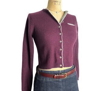 Le‎ Coeur Blanc Burgundy Button Up Striped Wool Cardigan XS Coquette Y2K